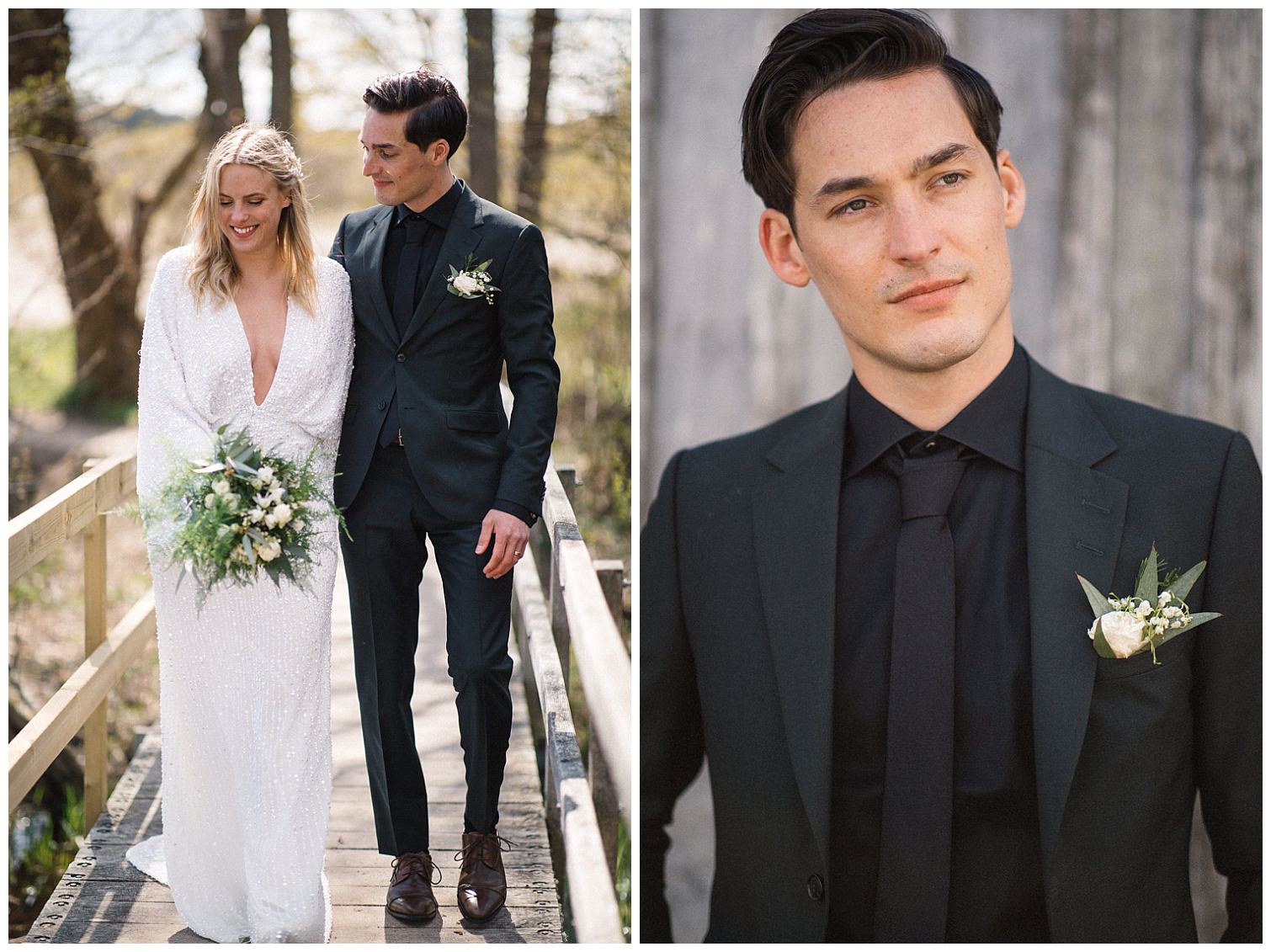Diptyk med bilder från ett elopementbröllop i Haväng. Korsbacken Blommor och Design har gjort corsage och brudbukett till brudparet. Fotograf: Tove Lundquist.