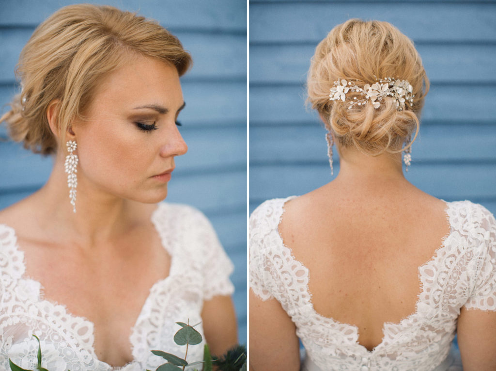 Porträtt på brud iklädd hårsmycke för bröllop från Ivory & Co, örhängen från Lily & Rose och brudklänning Carlene från Abby Waits. Fotograf Tove Lundquist.