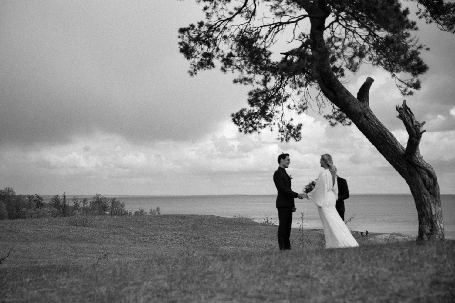 Foto på brudpar under ett elopement bröllop i Haväng, Skåne. Bilder från vigseln vid den ensamma tallen. Fotograf: Tove Lundquist.
