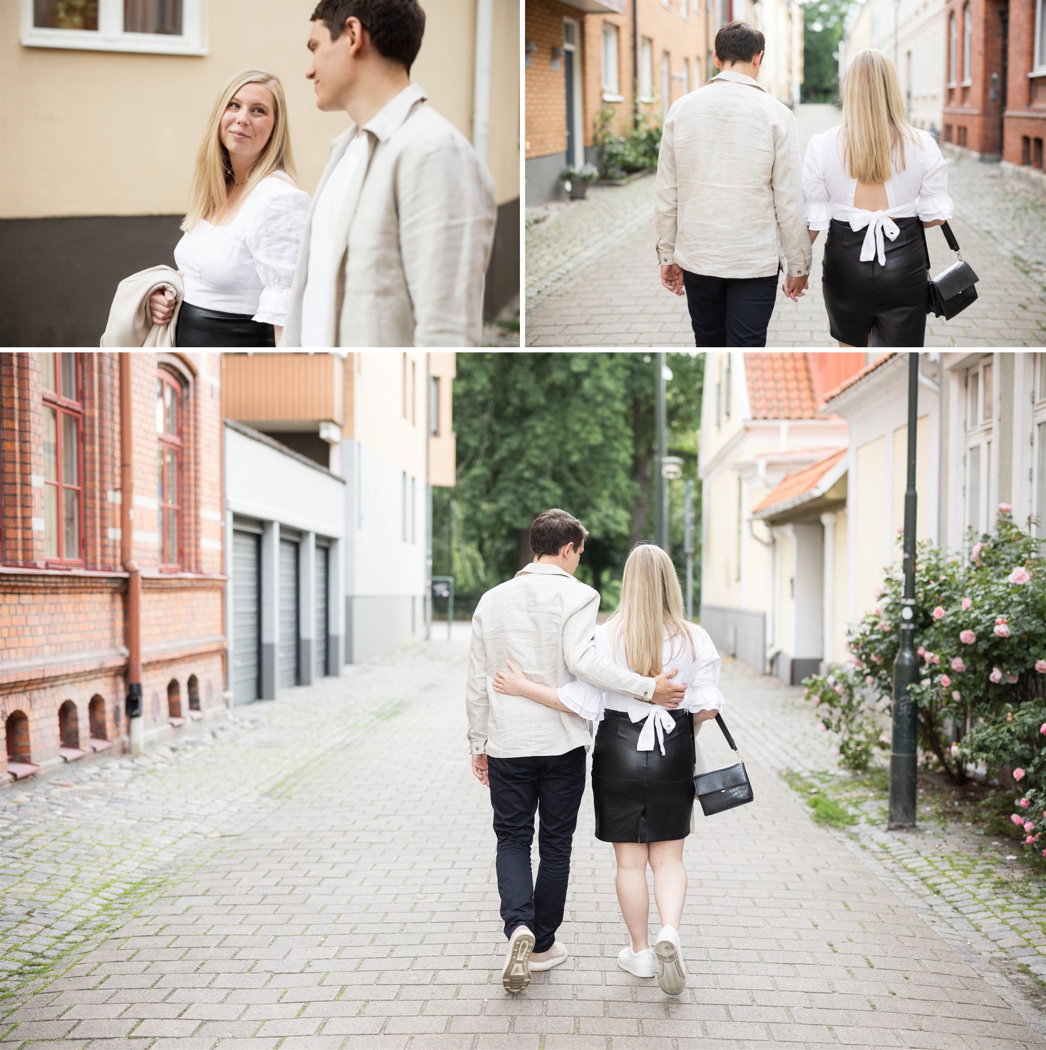 Porträttfotografering i Gamla Staden i Malmö tillsammans med ett brudpar under deras parfotografering inför bröllopet. Foto: Tove Lundquist.